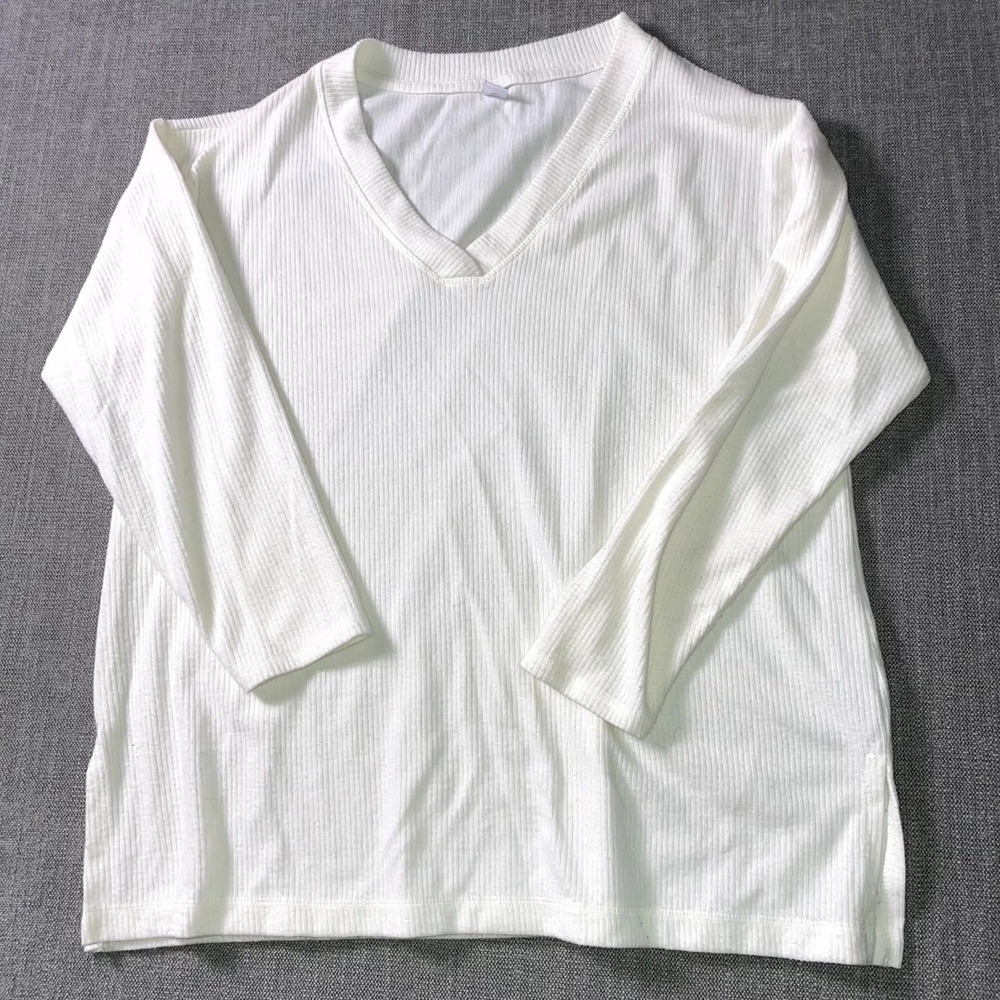 Old Navy Plush T Shirt Womens XL White Ribbed Knit Long Sleeve V Neck Everyday